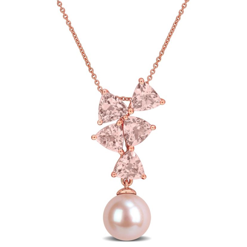 Morganite & 8-8.5mm Pink Freshwater Cultured Pearl Pendant With Chain in 10k Rose Gold, 17-in
