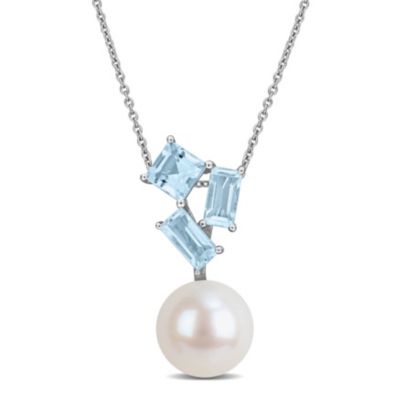 Belk & Co Sky Blue, Swiss Blue Topaz & 8-8.5mm Freshwater Cultured Pearl Pendant With Chain in 10k White Gold, 17-in