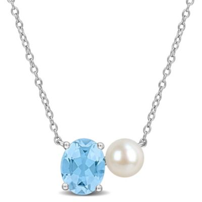 Belk & Co Sky Blue Topaz & 6-6.5mm White Freshwater Cultured Pearl Necklace in Sterling Silver, 17-in