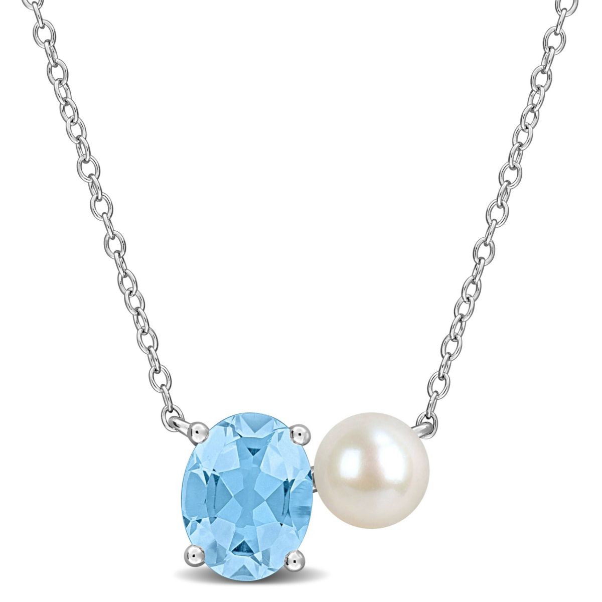 Sky Blue Topaz & 6-6.5mm White Freshwater Cultured Pearl Necklace in Sterling Silver, 17-in