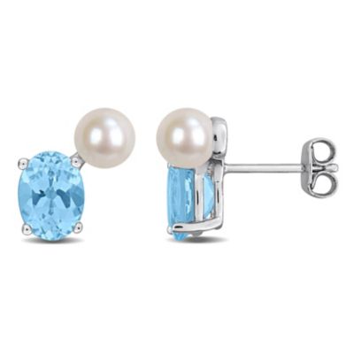 Belk & Co Sky Blue Topaz & 5.5-6mm White Freshwater Cultured Pearl Post Earrings in Sterling Silver