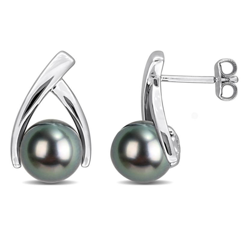 8-8.5mm Black Tahitian Cultured Pearl Post Earrings in Sterling Silver