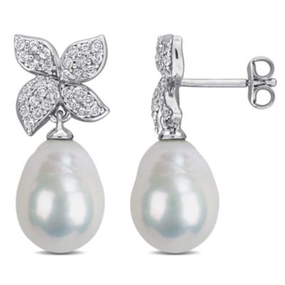 Belk & Co White Topaz & 9-10mm Freshwater Cultured Pearl Post Earrings in Sterling Silver