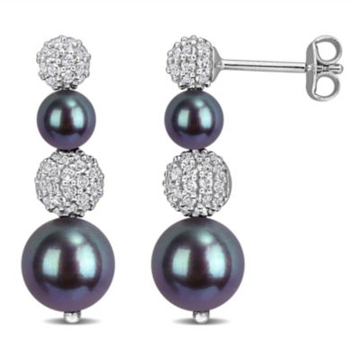 Belk & Co White Topaz & Black Freshwater Cultured Pearl Earrings in Sterling Silver