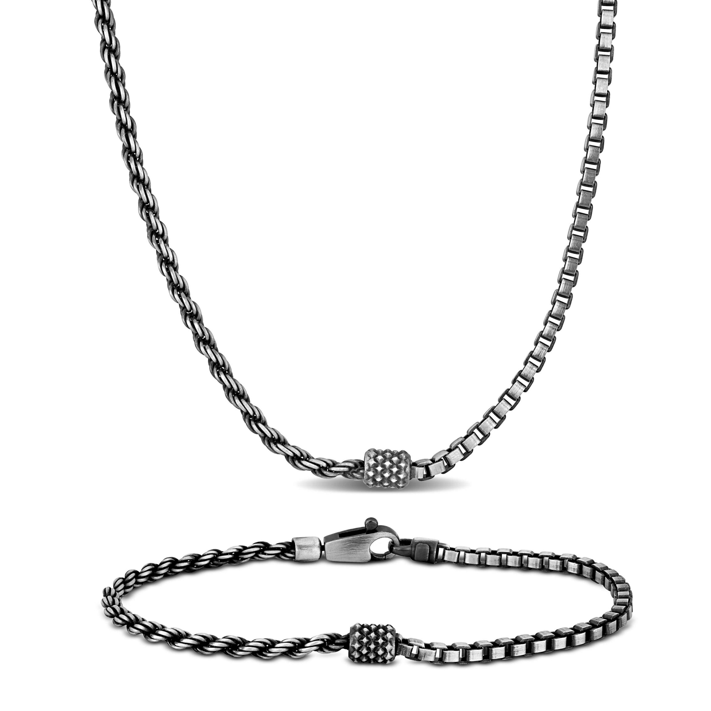 Half Rope & Box Mens Necklace and Bracelet Set in Sterling Silver