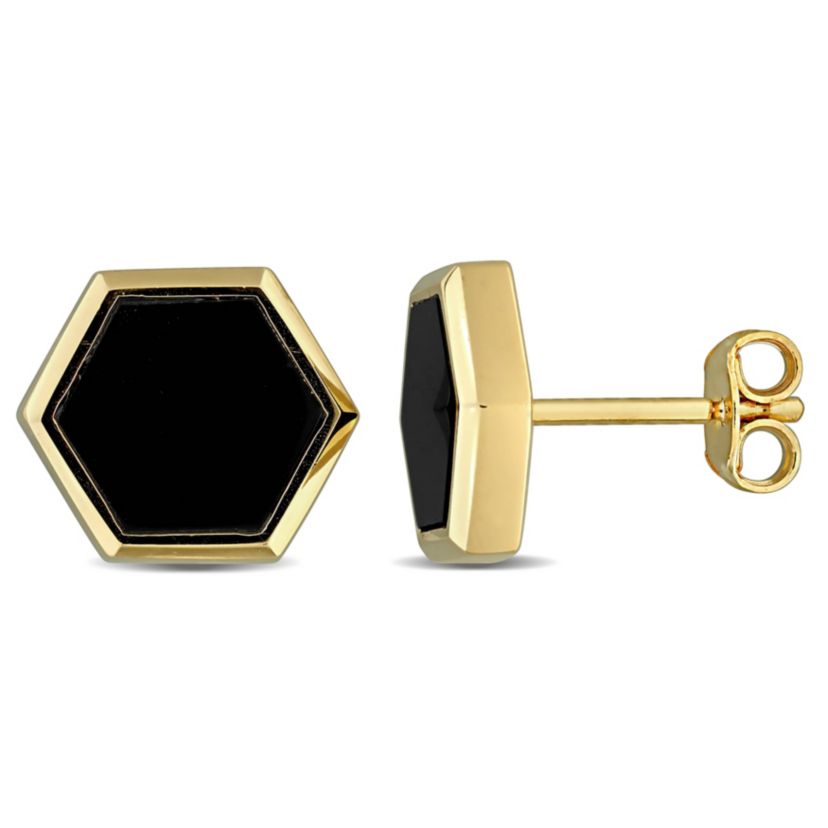 Black Onyx Mens Earrings in Yellow Plated Sterling Silver