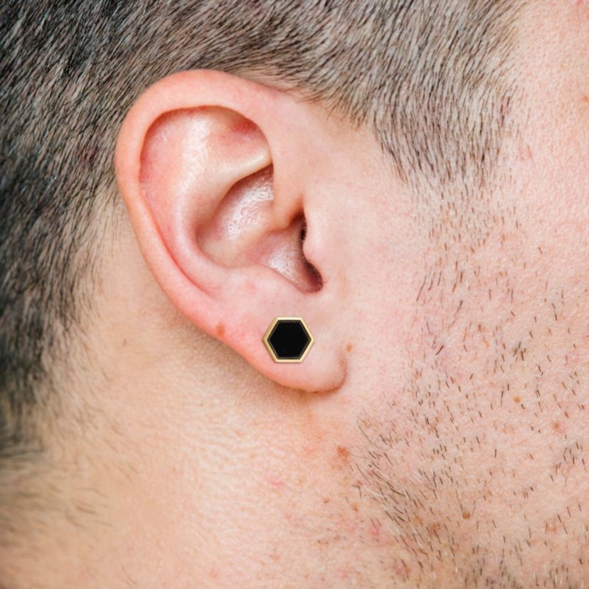 Black Onyx Mens Earrings in Yellow Plated Sterling Silver
