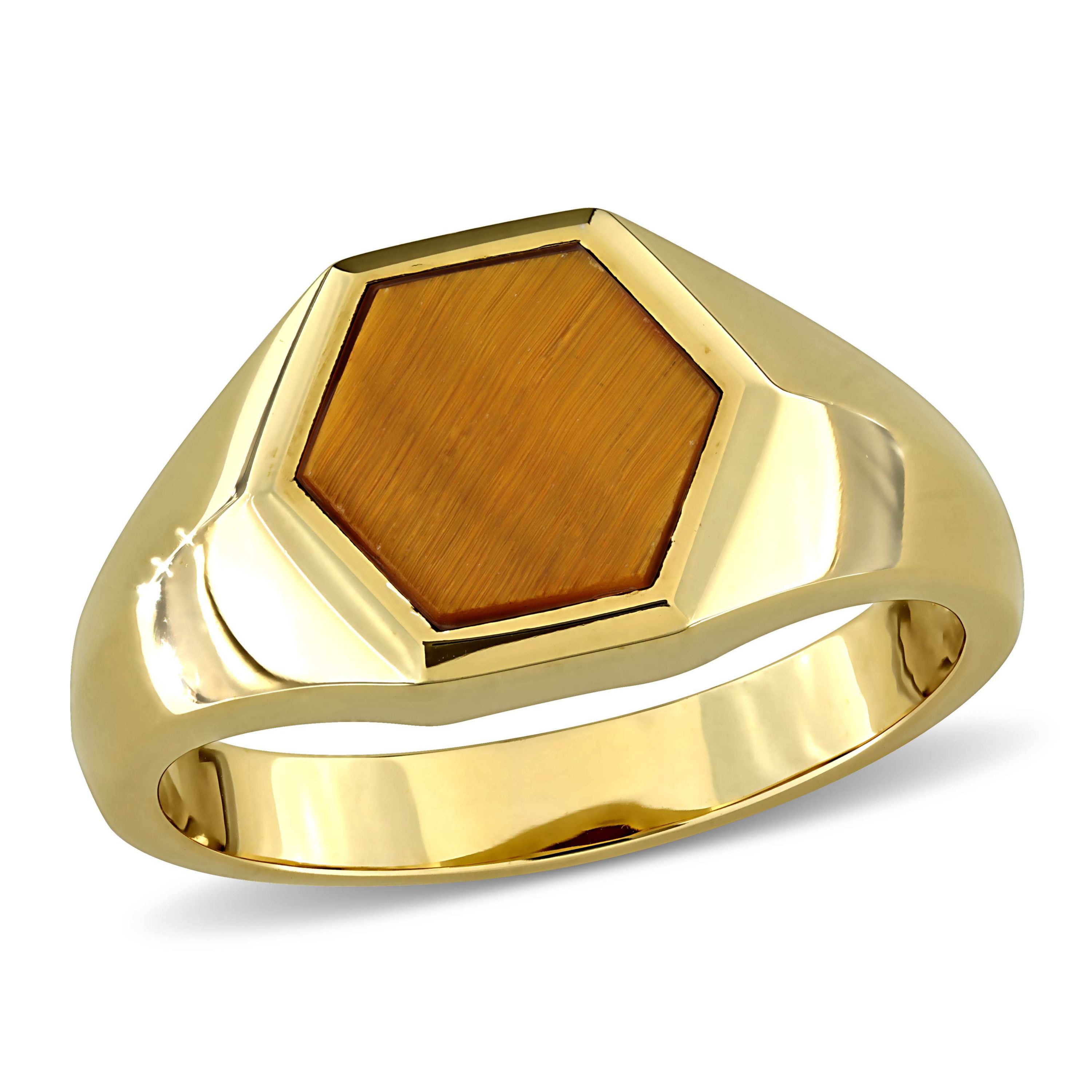 Tiger Eye Mens Ring in Yellow Plated Sterling Silver
