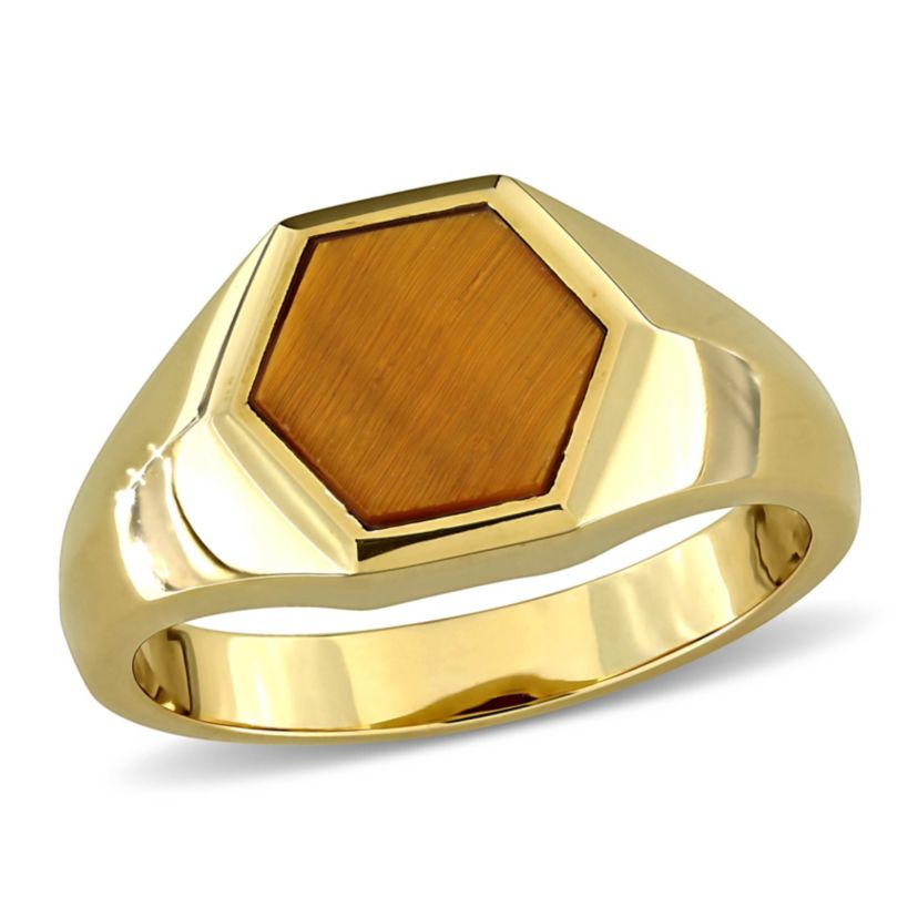 Tiger Eye Mens Ring in Yellow Plated Sterling Silver