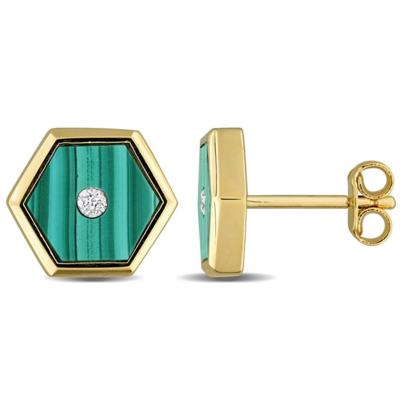 Malachite Mens Post Earrings in Yellow Plated Sterling Silver