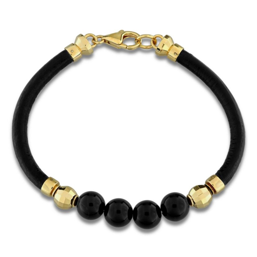 Black Onyx Mens Bracelet in Black Leather & Yellow Plated Sterling Silver