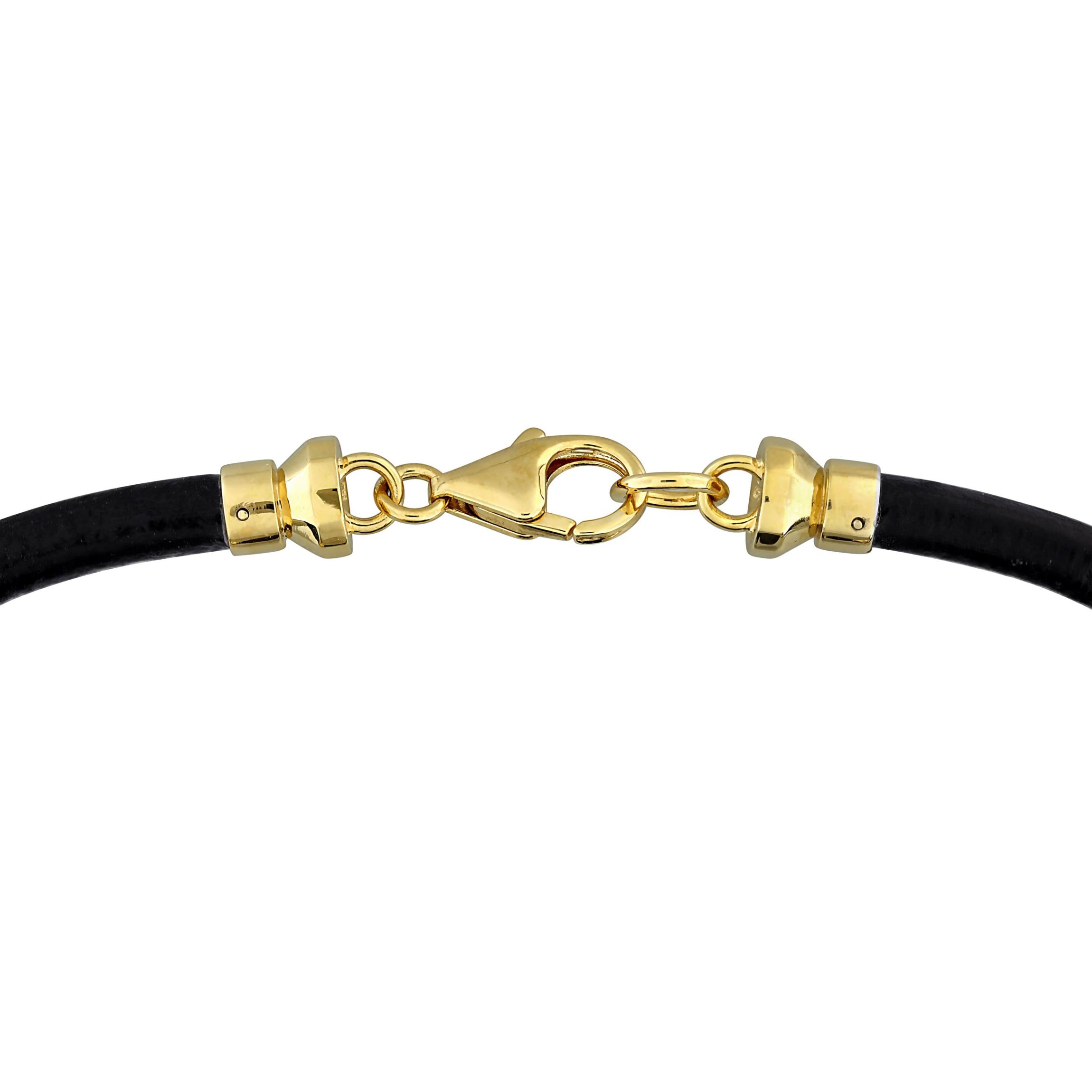 Black Onyx Mens Bracelet in Black Leather & Yellow Plated Sterling Silver