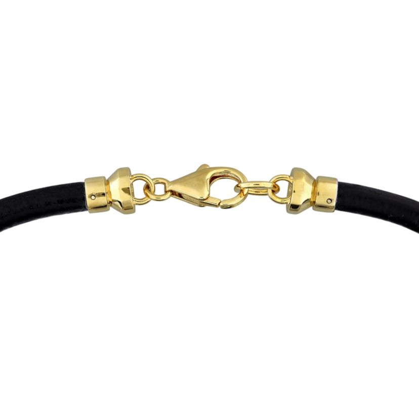 Black Onyx Mens Bracelet in Black Leather & Yellow Plated Sterling Silver