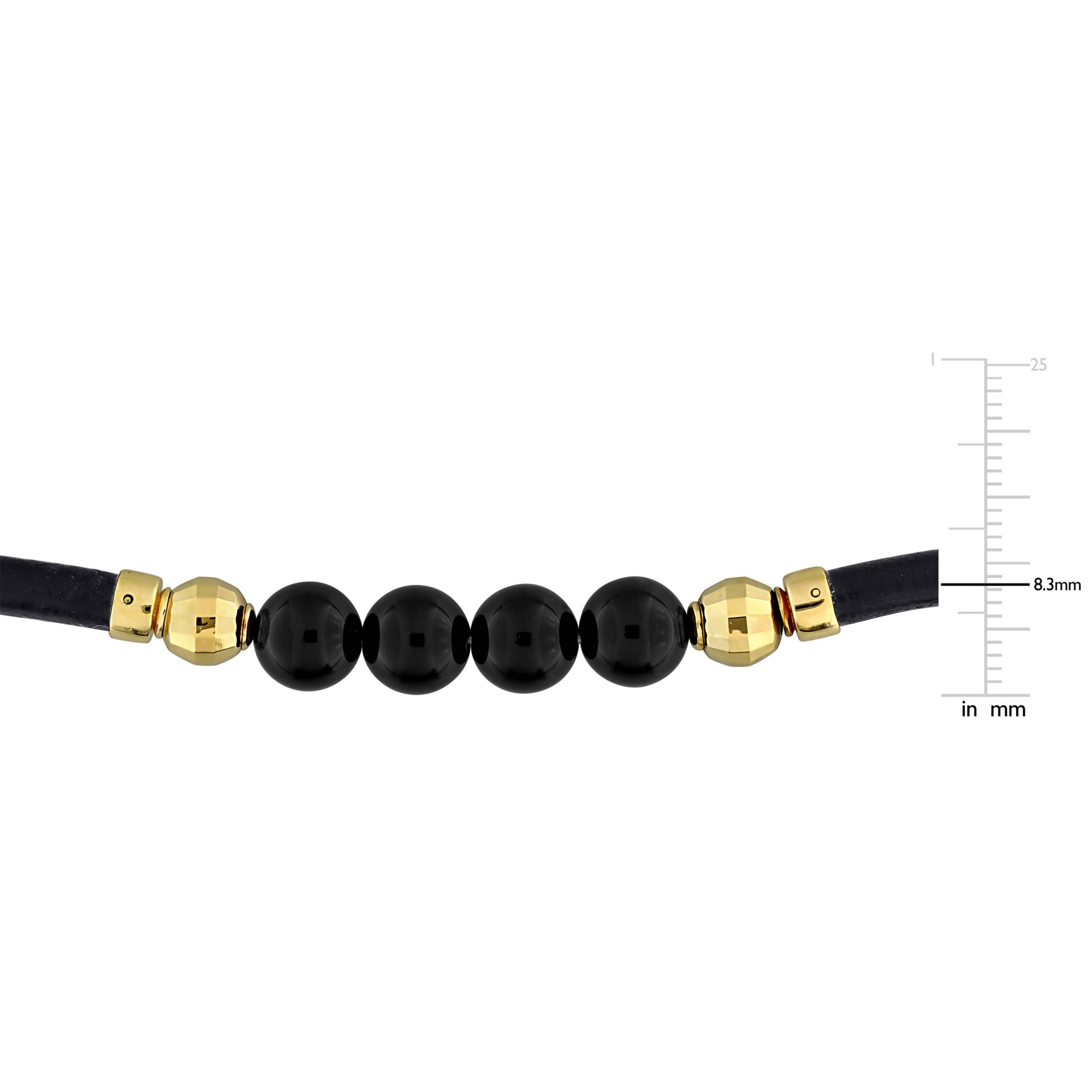 Black Onyx Mens Bracelet in Black Leather & Yellow Plated Sterling Silver