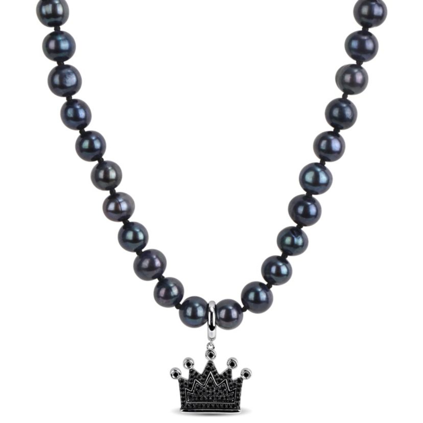 Black Diamond & 7–7.5mm Black Freshwater Cultured Pearl Mens Necklace in Sterling Silver