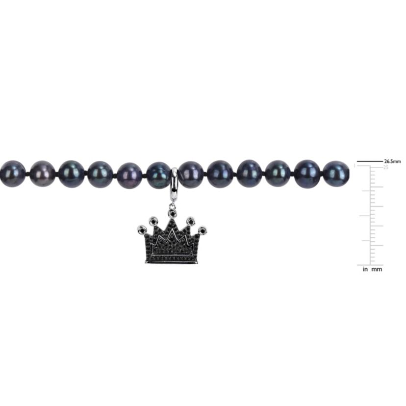 Black Diamond & 7–7.5mm Black Freshwater Cultured Pearl Mens Necklace in Sterling Silver
