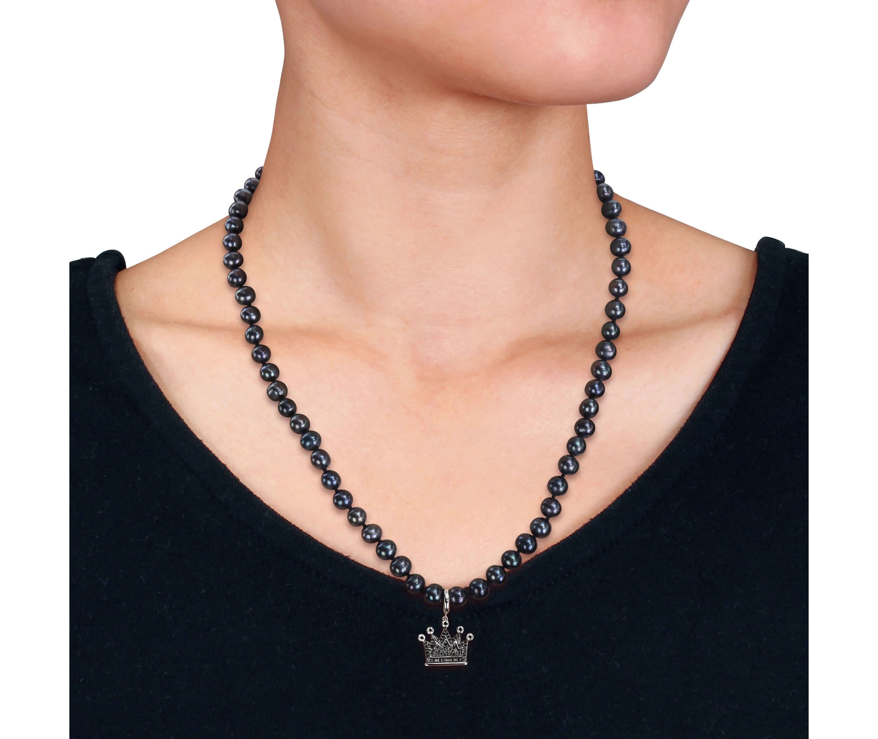 Black Diamond & 7–7.5mm Black Freshwater Cultured Pearl Mens Necklace in Sterling Silver