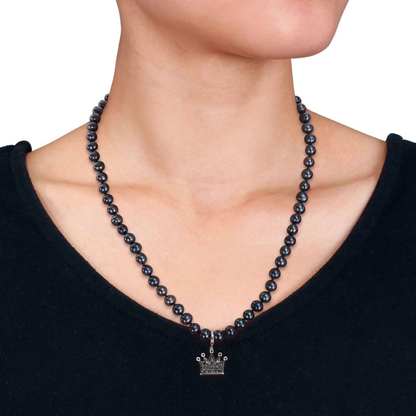Black Diamond & 7–7.5mm Black Freshwater Cultured Pearl Mens Necklace in Sterling Silver
