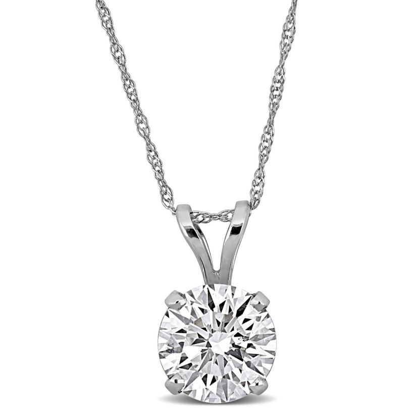 Lab Created Lab Grown Diamond Solitaire Pendant with chain in 14K White Gold, 18"