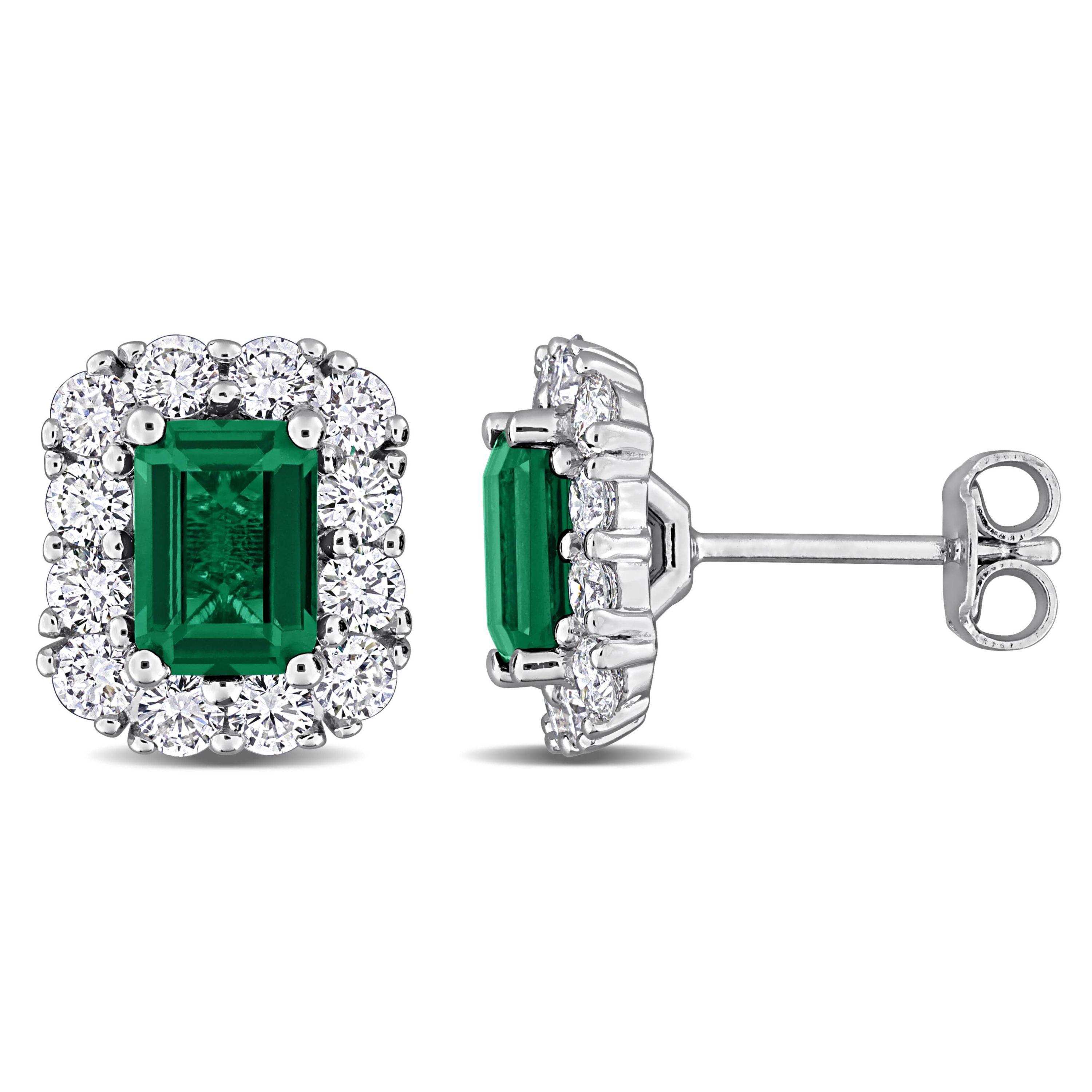 Lab Created Lab Grown Diamond & Created Emerald Stud Post Earrings in Sterling Silver