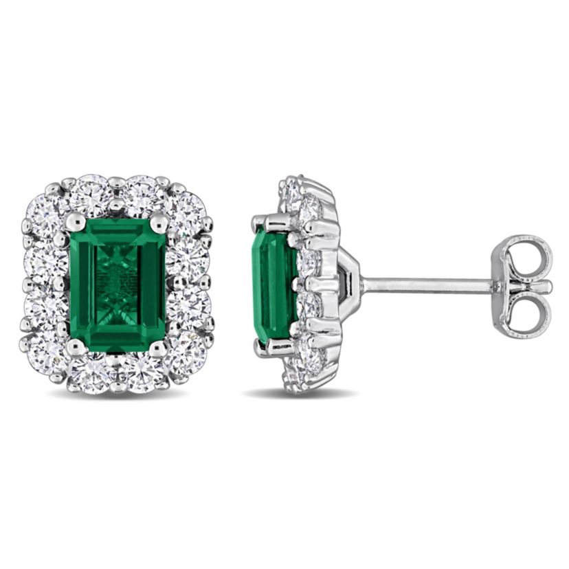 Lab Created Lab Grown Diamond & Created Emerald Stud Post Earrings in Sterling Silver
