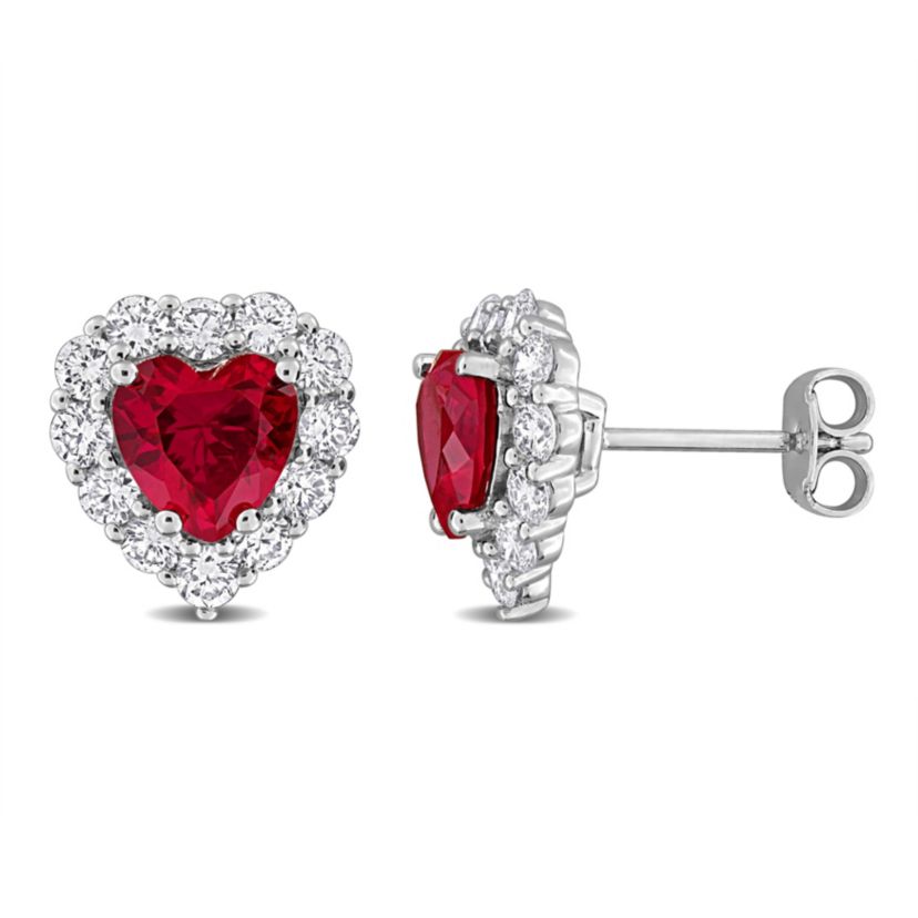 Lab Created Lab Grown Diamond & Created Ruby Stud Post Earrings in Sterling Silver