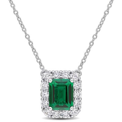 Belk & Co Lab Created Diamond & Emerald Pendant With Chain in Sterling Silver, 17"