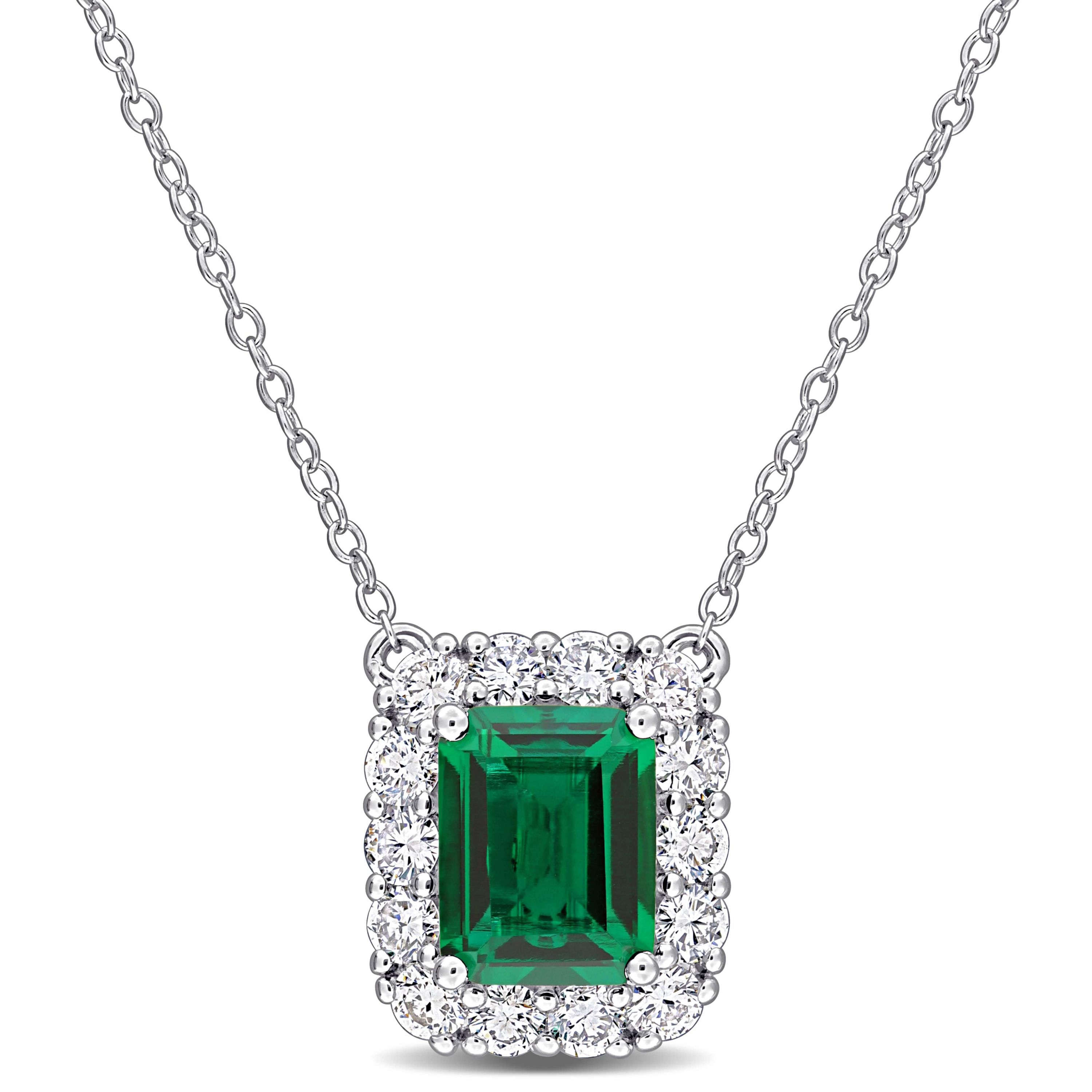 Lab Created Lab Grown Diamond & Created Emerald Pendant With Chain in Sterling Silver, 17"