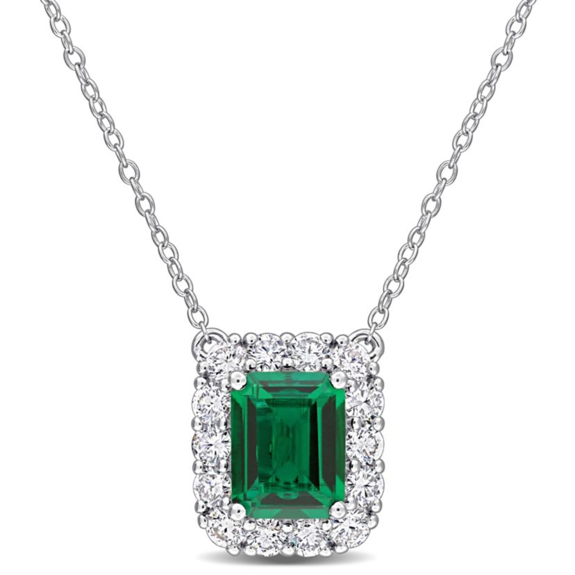 Lab Created Lab Grown Diamond & Created Emerald Pendant With Chain in Sterling Silver, 17"