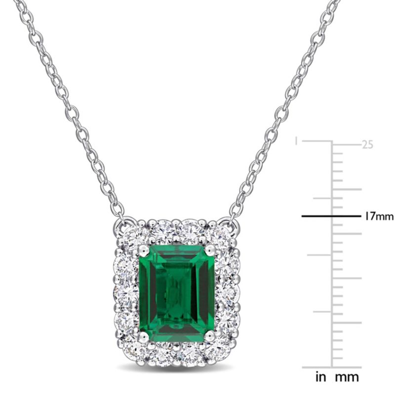 Lab Created Lab Grown Diamond & Created Emerald Pendant With Chain in Sterling Silver, 17"