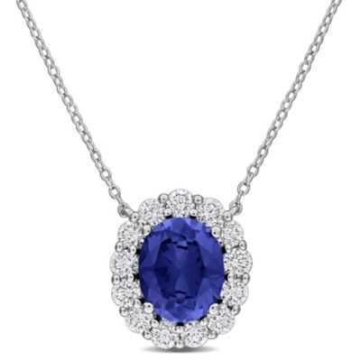 Belk & Co Lab Created Diamond & Blue sapphire Pendant With Chain in Sterling Silver, 17"
