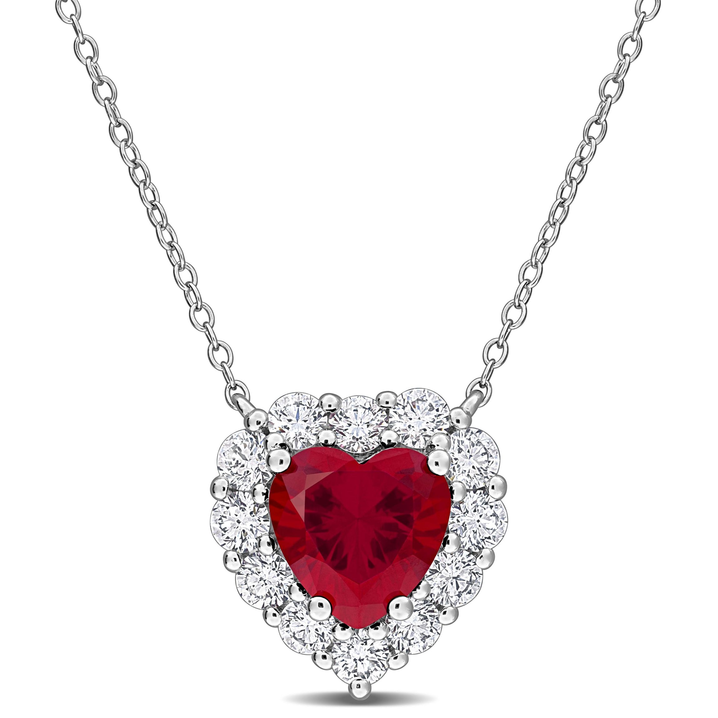 Lab Created Lab Grown Diamond & Created Ruby Pendant With Chain in Sterling Silver, 17"