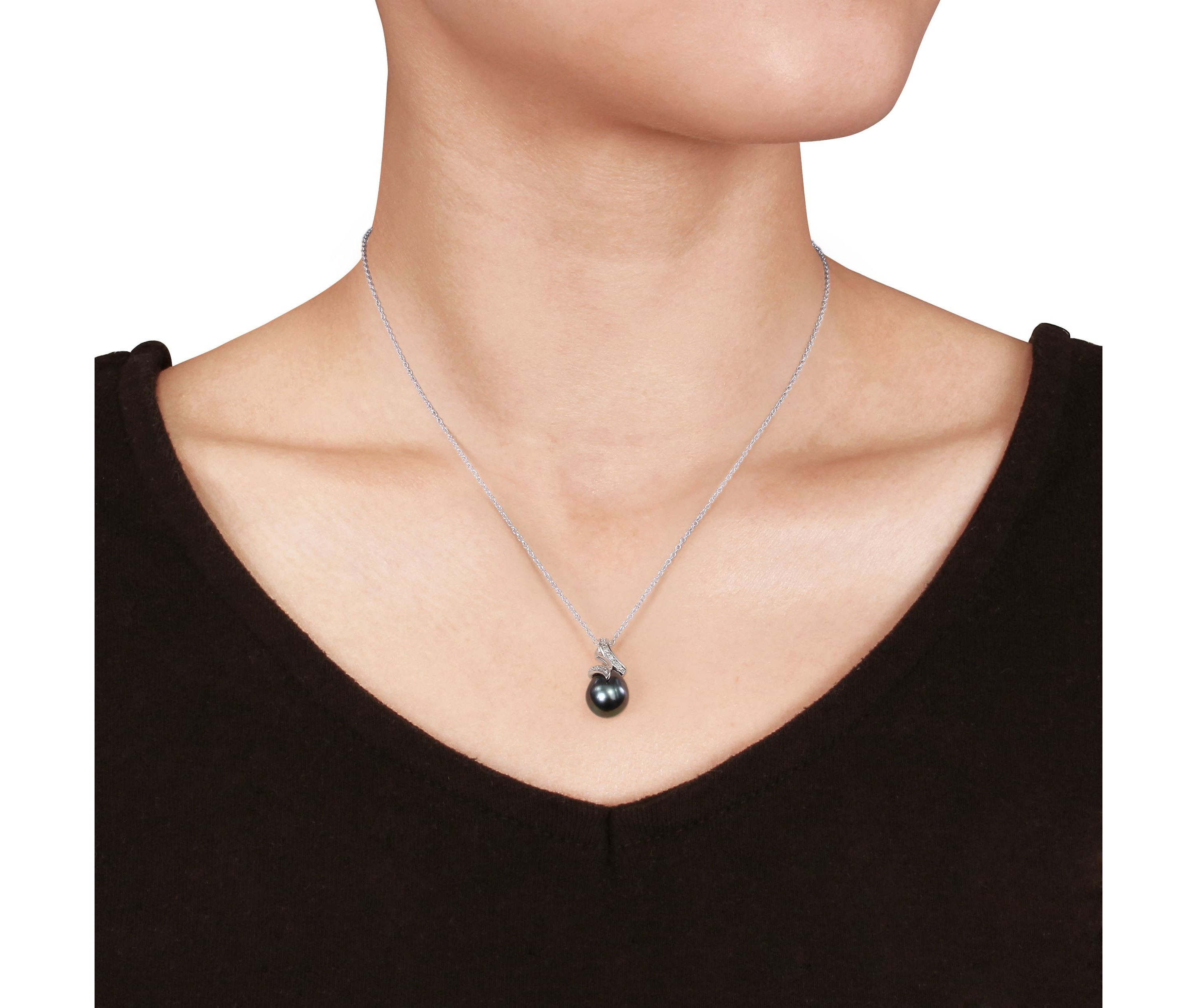 2 Piece Set of Diamond & 9-9.5 MM Black Tahitian Cultured Pearl Pendant with Chain & Earrings in Sterling Silver, 18"