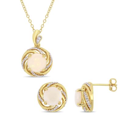 Belk & Co 2 Piece Set of Diamond, Opal & White Topaz Earrings & Pendant With Chain in Yellow Plated Sterling Silver