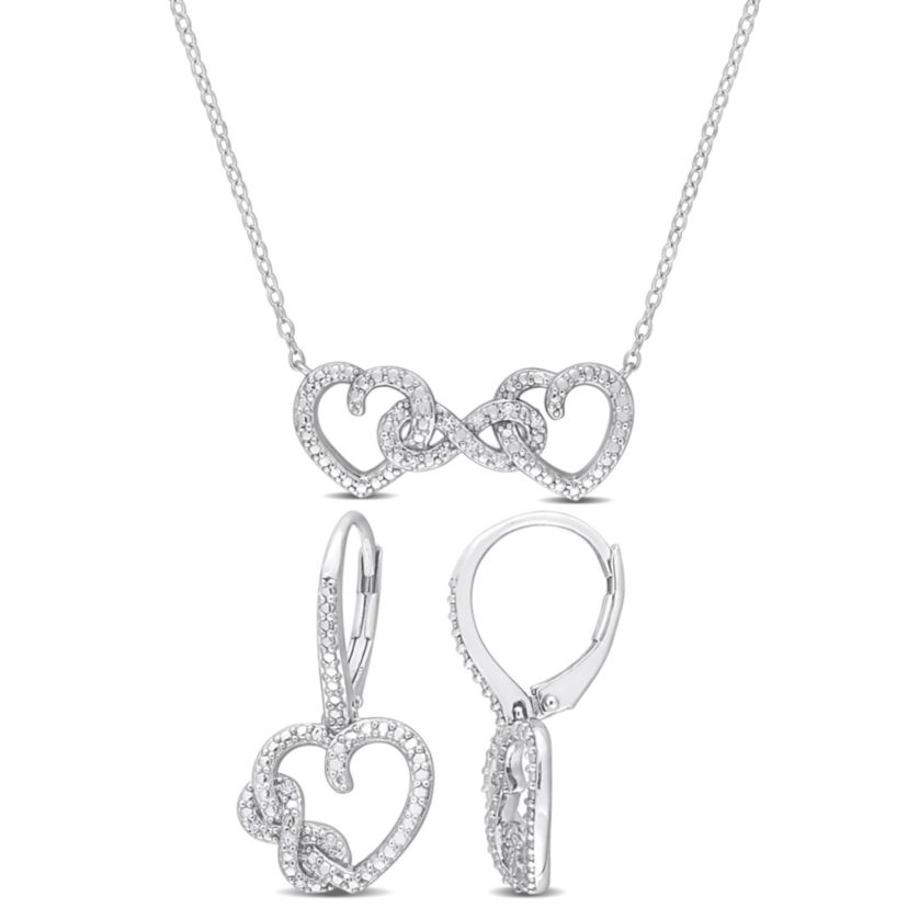2 Piece Set of Diamond Earrings & Pendant With Chain in Sterling Silver, 18"