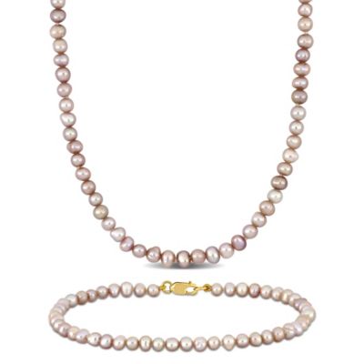 Belk & Co 2 Piece Set of 3-4mm Pink Freshwater Cultured Pearl Necklace & Matching Bracelet in 14K Yellow Gold, 16" & 7.25"