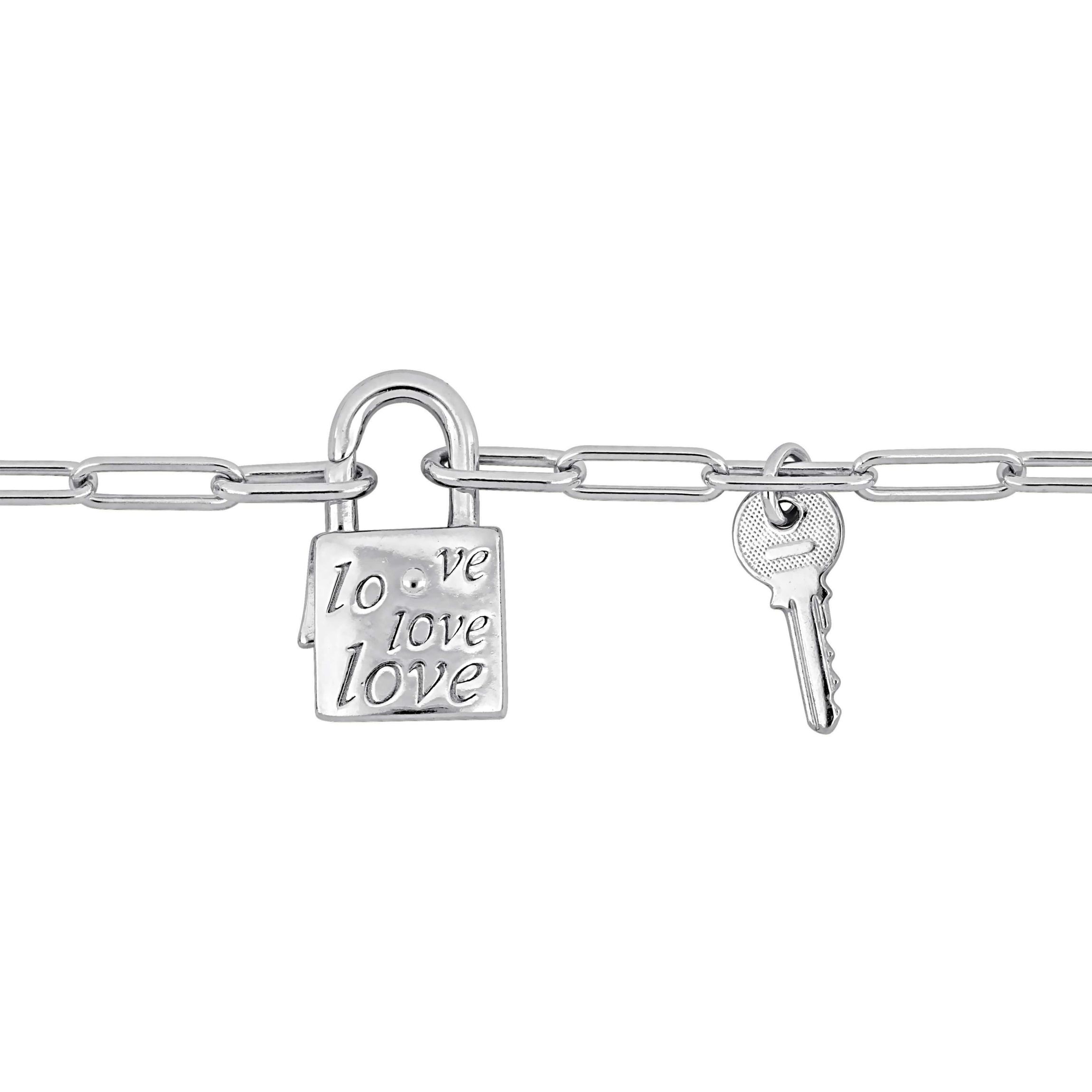 2 Piece Set of Paper Clip Link Charm Lock & Key Clasp Necklace & Bracelet in Sterling Silver, 20" & 7.5"