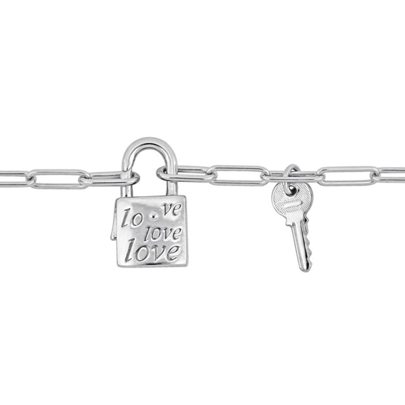 2 Piece Set of Paper Clip Link Charm Lock & Key Clasp Necklace & Bracelet in Sterling Silver, 20" & 7.5"