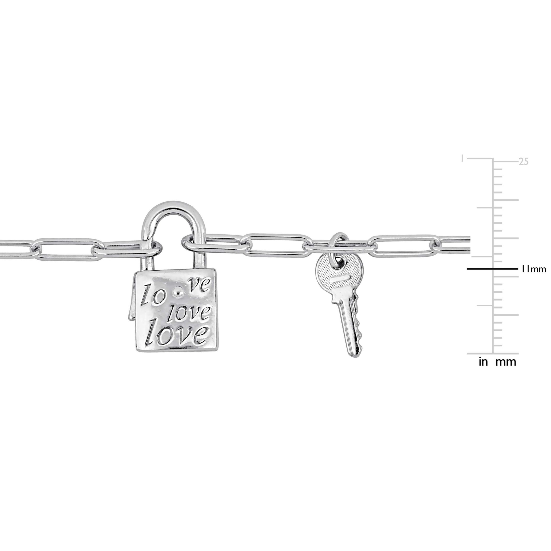 2 Piece Set of Paper Clip Link Charm Lock & Key Clasp Necklace & Bracelet in Sterling Silver, 20" & 7.5"