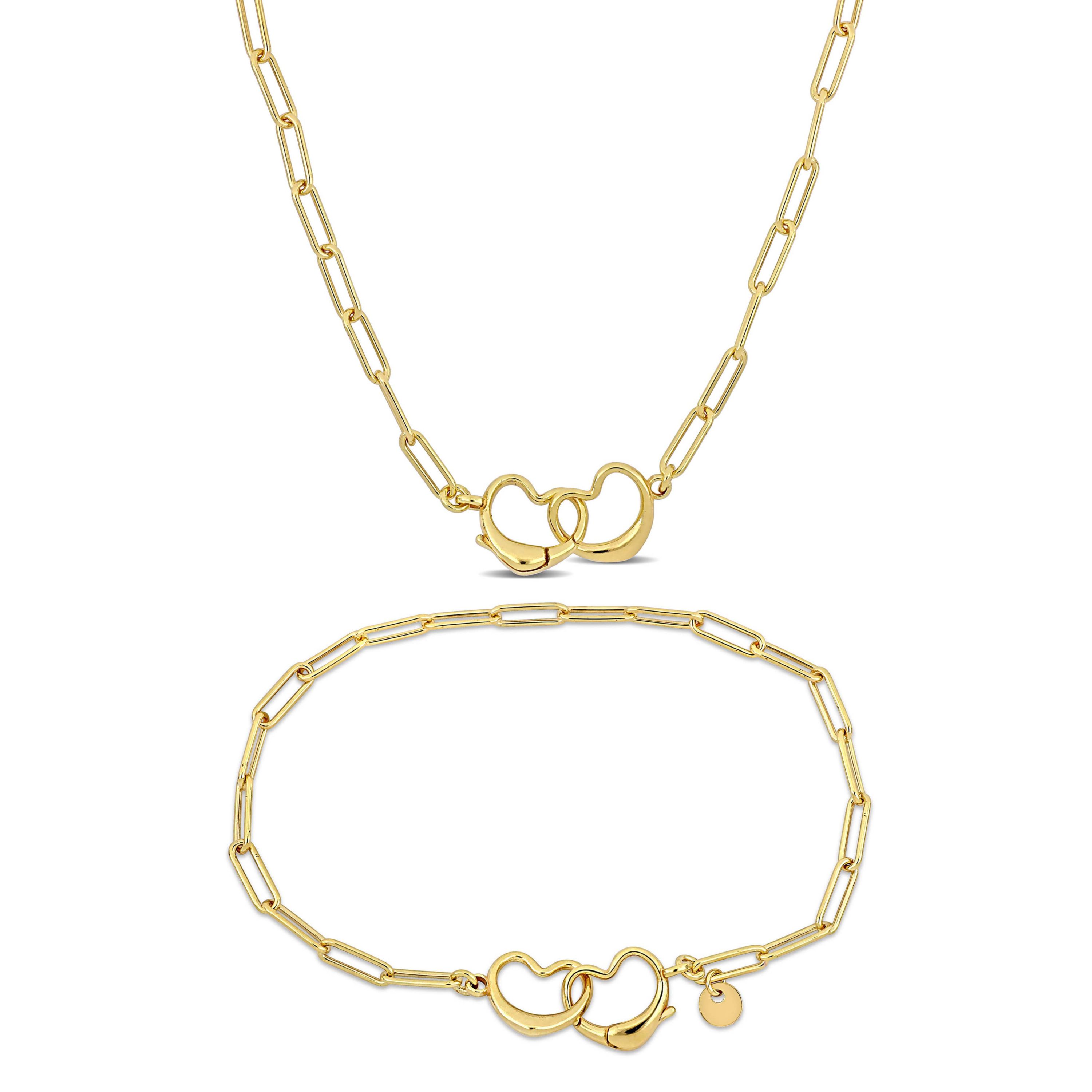 2 Piece Set of Paper Clip Link Double Heart Clasp Necklace & Bracelet in Yellow Plated Sterling Silver, 18" & 7.5"