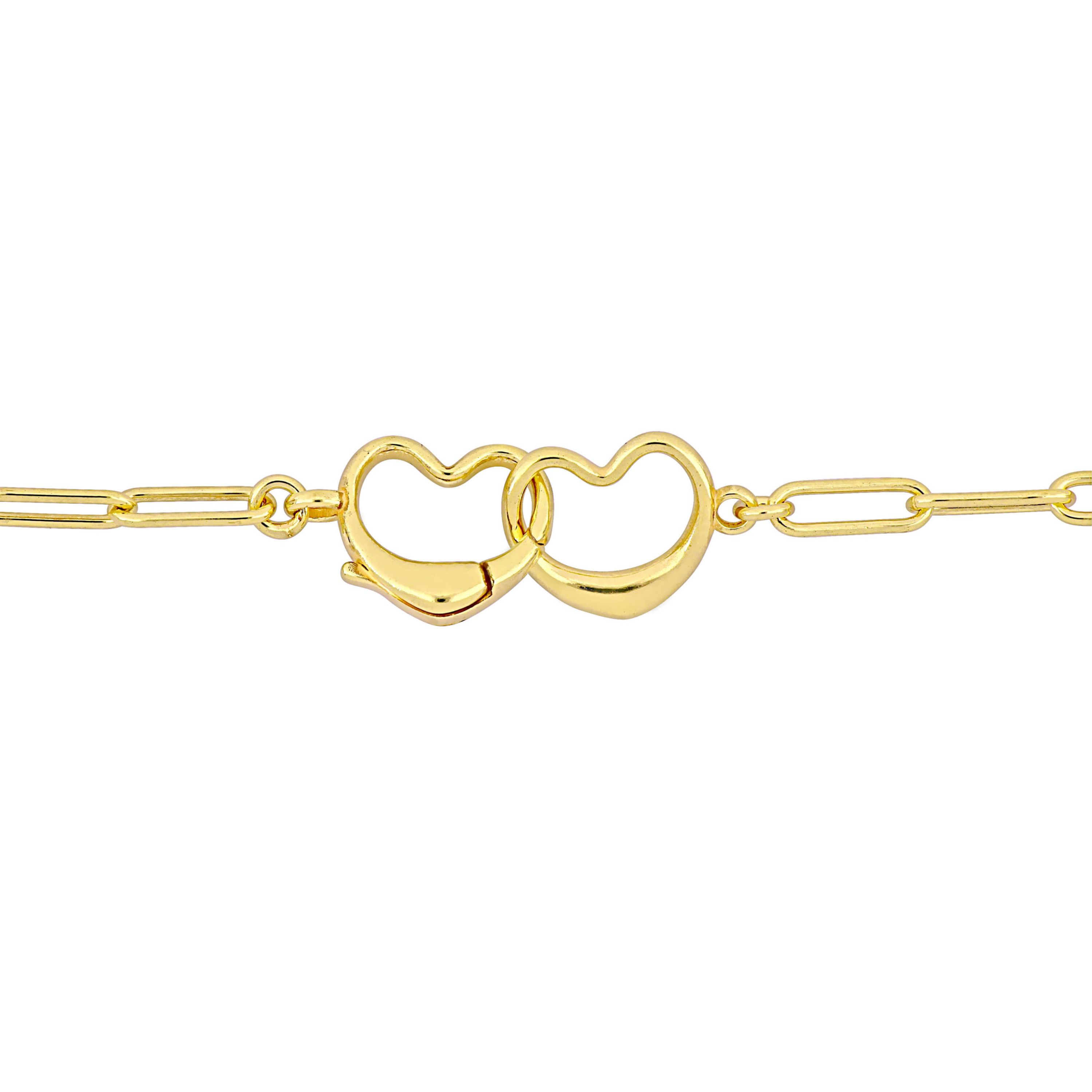 2 Piece Set of Paper Clip Link Double Heart Clasp Necklace & Bracelet in Yellow Plated Sterling Silver, 18" & 7.5"