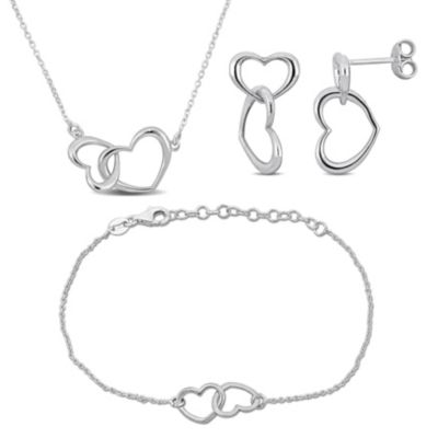 Haylee Jewels 3 Piece Set of Double Heart Charm Necklace Earrings & Bracelet in Sterling Silver, 16.5"+1"Ext. & 7"+1"Ext, White