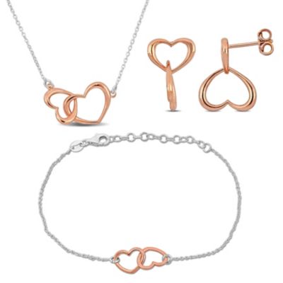 Haylee Jewels 3 Piece Set of Double Heart Charm Necklace, Earrings & Bracelet in Rose & White Plated Sterling Silver, 16.5"+1" Ext. & 7"+1" Ext