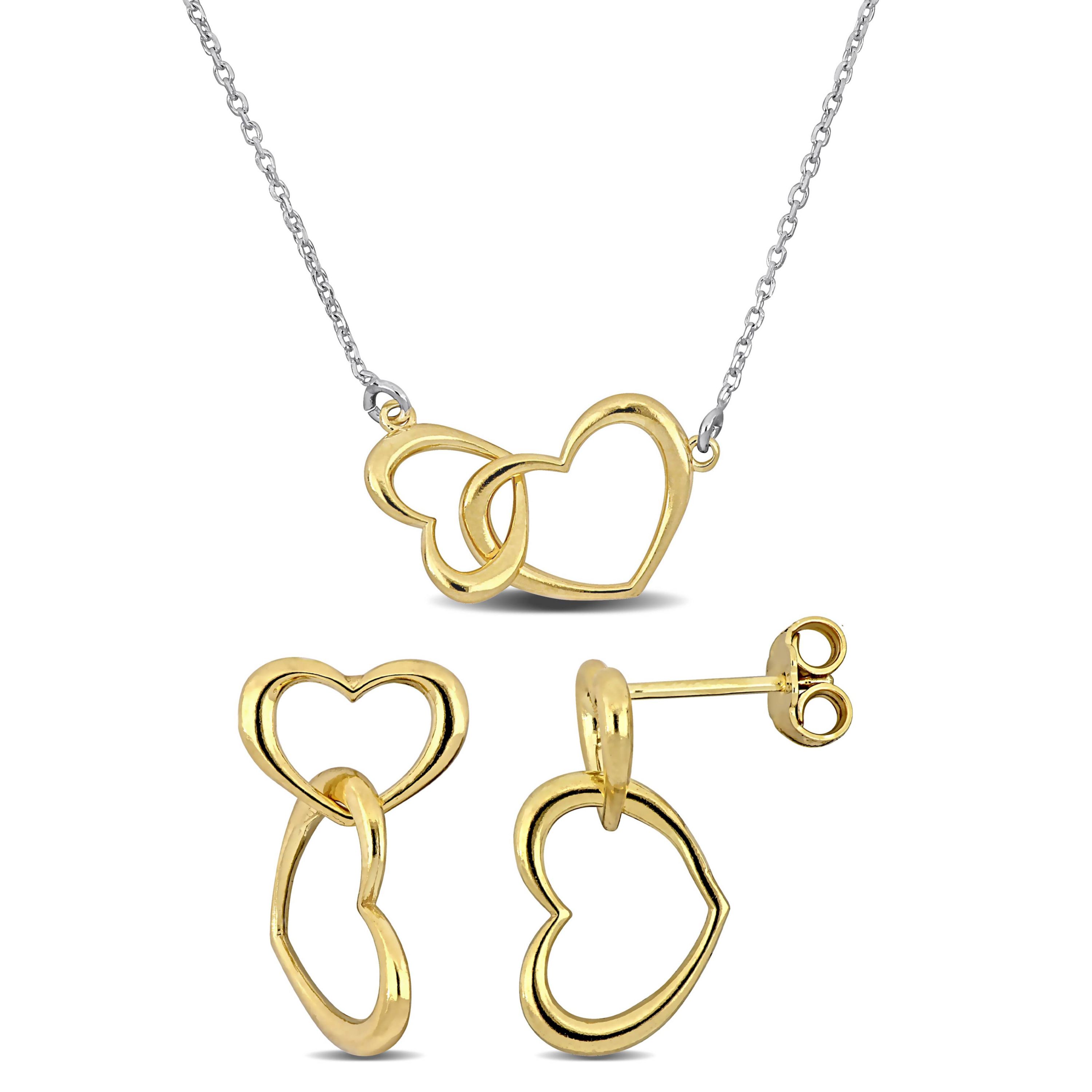 2 Piece Set of Double Heart Charm Necklace & Bracelet in Yellow & White Plated Sterling Silver, 16.5"+1"Ext.