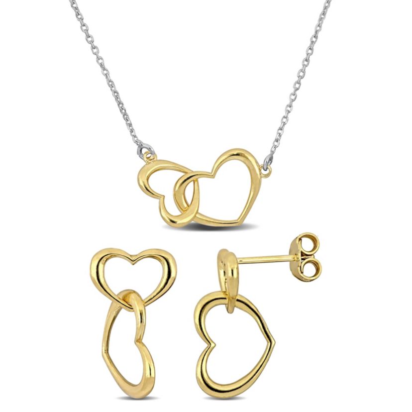 2 Piece Set of Double Heart Charm Necklace & Bracelet in Yellow & White Plated Sterling Silver, 16.5"+1"Ext.