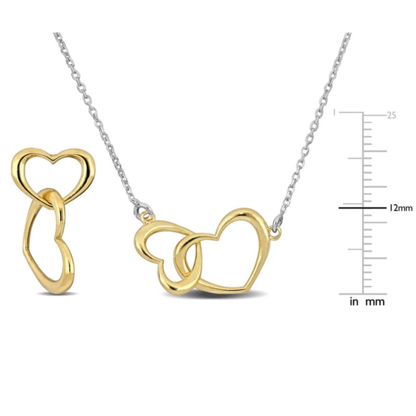 2 Piece Set of Double Heart Charm Necklace & Bracelet in Yellow & White Plated Sterling Silver, 16.5"+1"Ext.