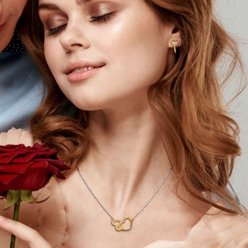 2 Piece Set of Double Heart Charm Necklace & Bracelet in Yellow & White Plated Sterling Silver, 16.5"+1"Ext.