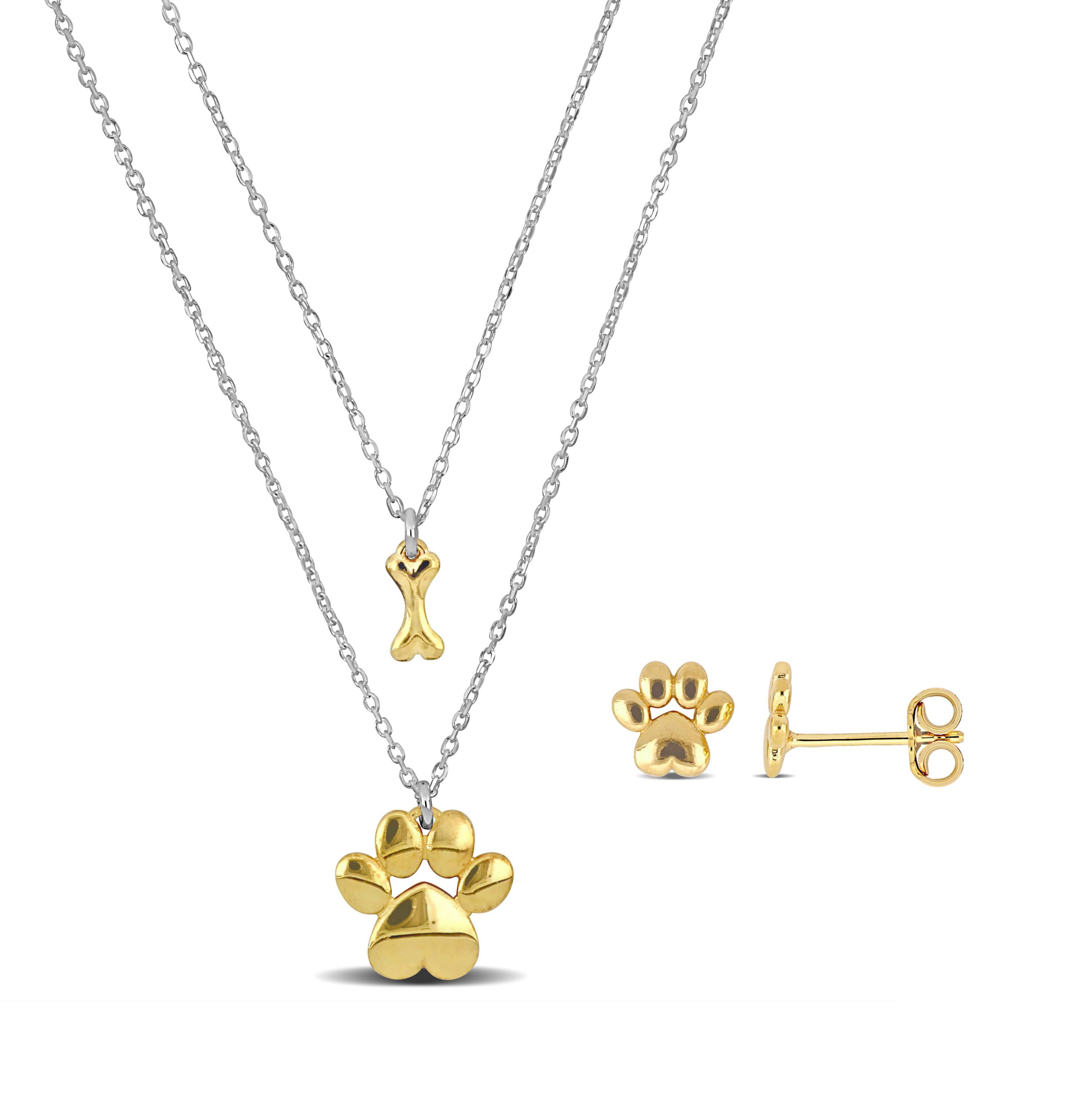 3 Piece Set of Paw Stud Earrings & Charm Necklace in Yellow & White Plated Sterling Silver, 16" & 18"+1"Ext.
