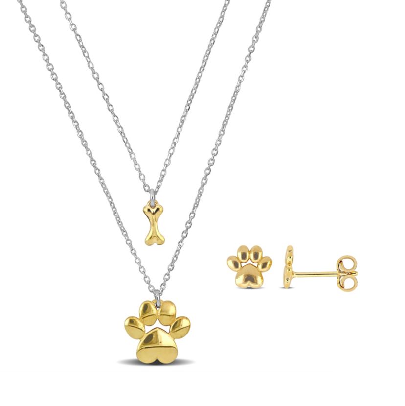 3 Piece Set of Paw Stud Earrings & Charm Necklace in Yellow & White Plated Sterling Silver, 16" & 18"+1"Ext.