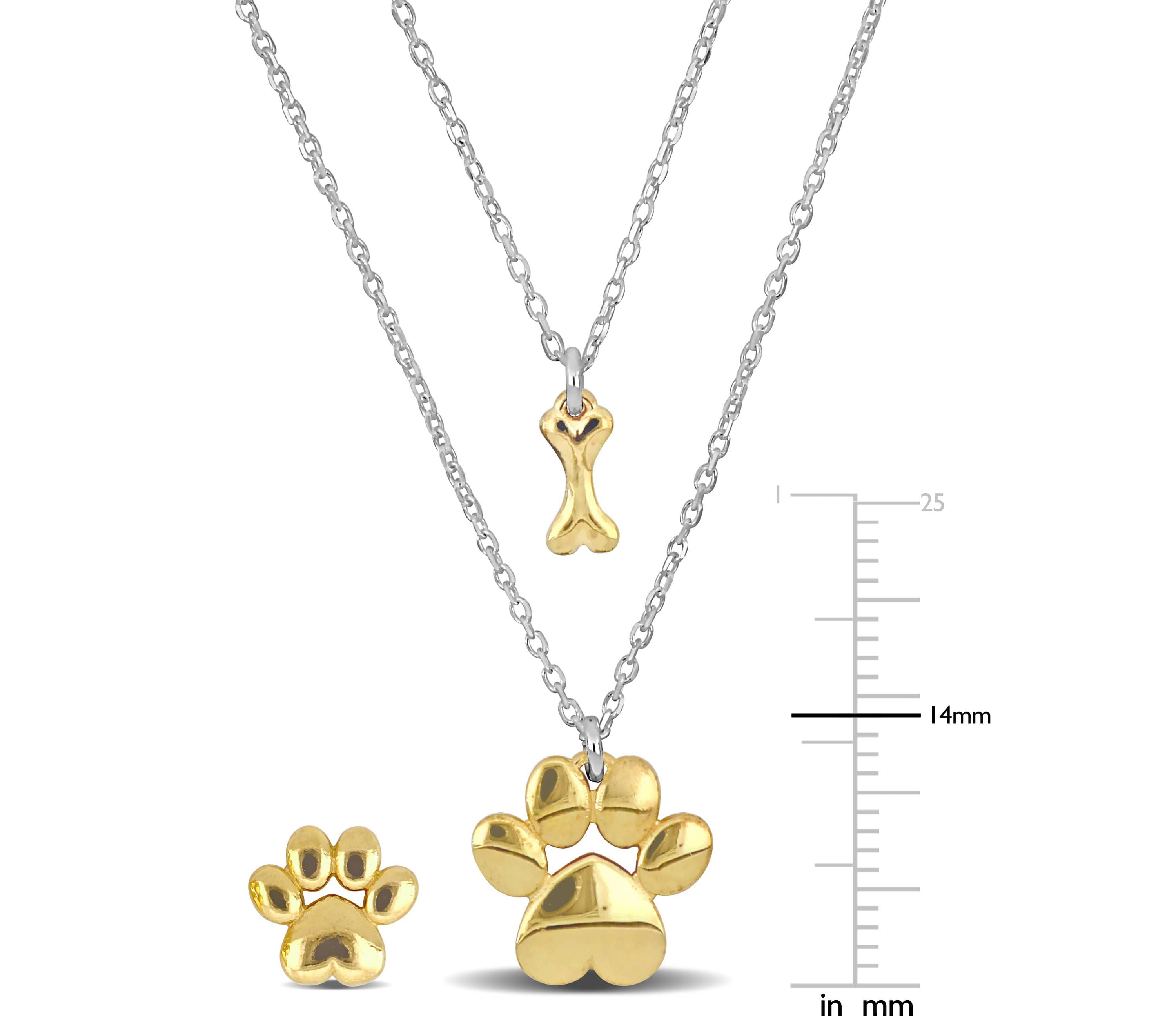 3 Piece Set of Paw Stud Earrings & Charm Necklace in Yellow & White Plated Sterling Silver, 16" & 18"+1"Ext.